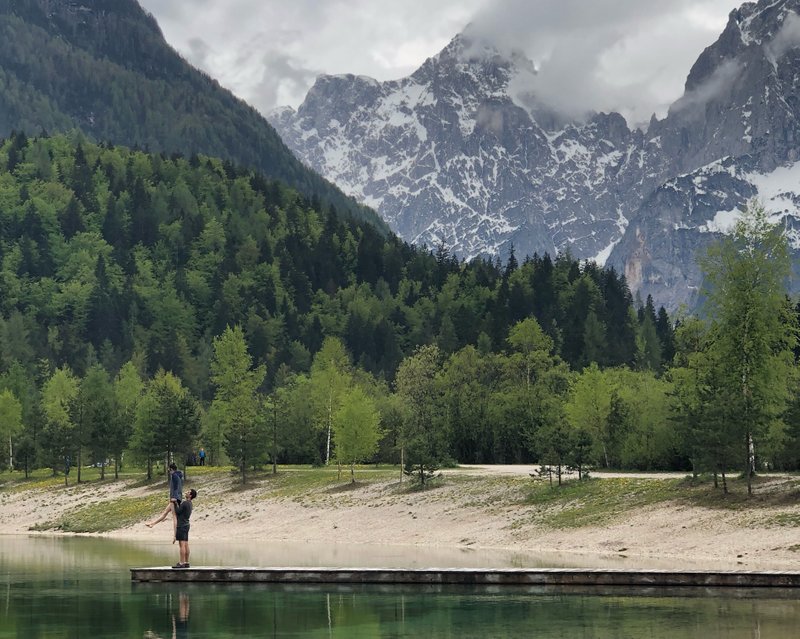 Practicing our “trick” in the mountains of Slovenia.  We always find time to play.