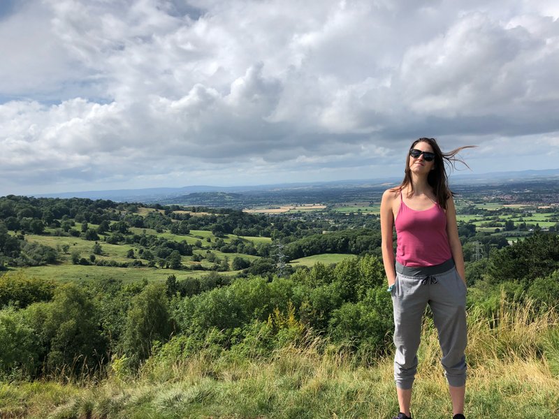 Sheila on top of Leckhampton Hill