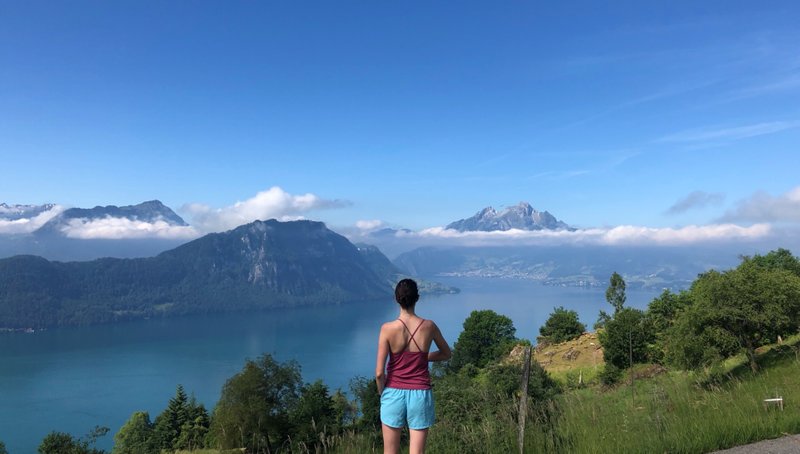 Pilatus, on the right, peeking out over the clouds at the start of our hike of Rigi