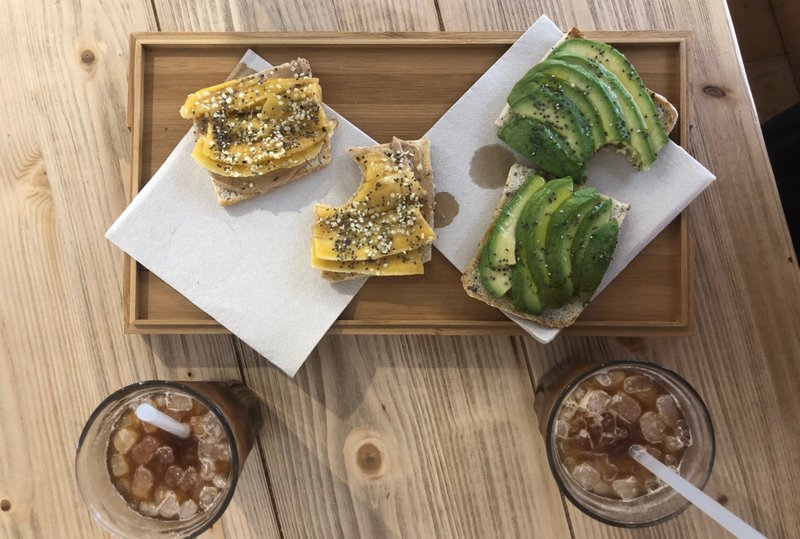 Breakfast this morning at Simple Smart Food Bar: iced coffee and yummy toasts