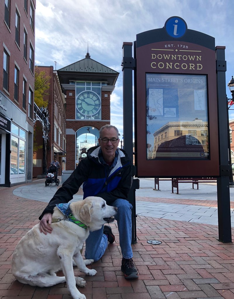 My dog Mango and my father enjoying the new roomy sidewalks of Concord