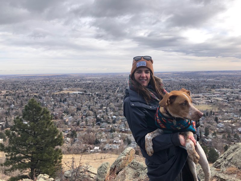 Pretty much the classic Buckwheat photo - us having fun, him being nonplussed. Overlooking Boulder on December 23rd, 2020